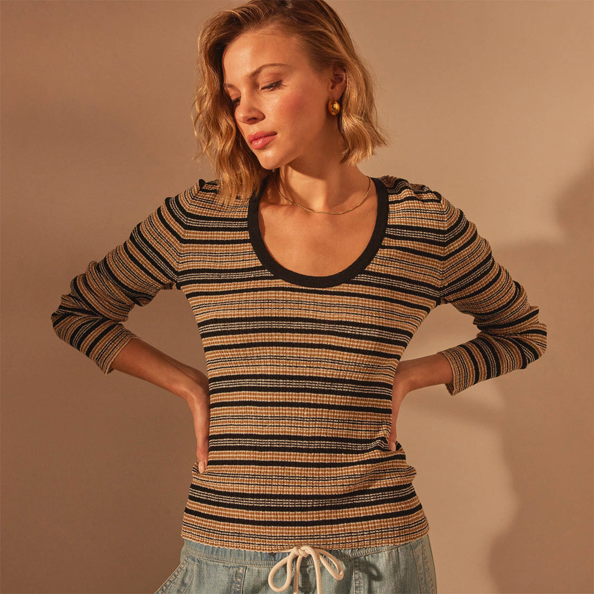 Stretch Linen Ribbed VinNeck in Black Stripe | James Perse Los Angeles