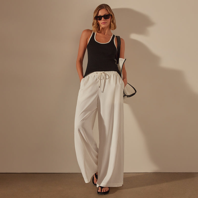 Stretch Linen Ribbed Tank in Black/White | James Perse Los Angeles