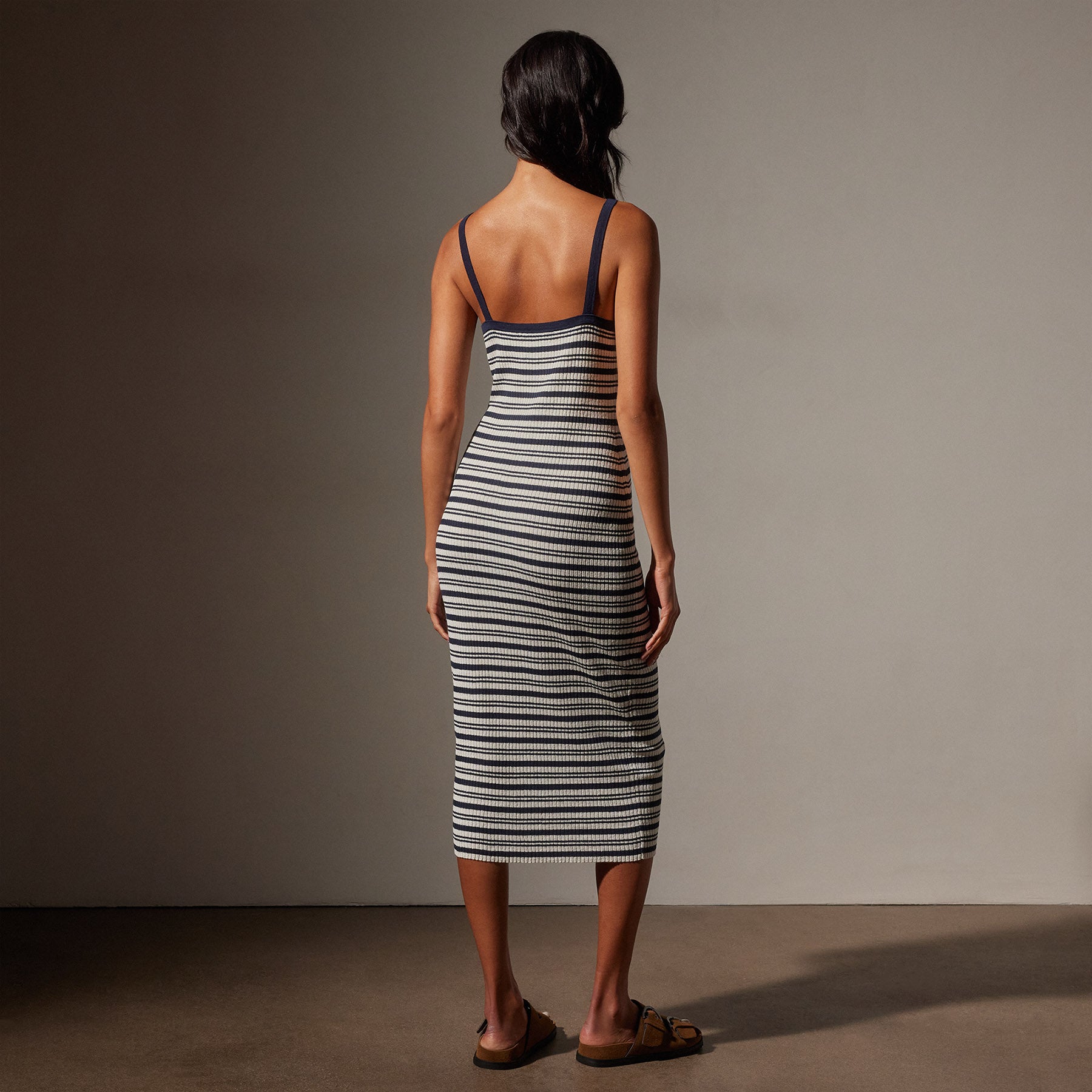 Stretch Linen Ribbed Dress in Canvas/Navy Stripe | James Perse Los Angeles