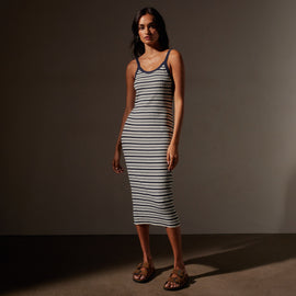 Stretch Linen Ribbed Dress in Canvas/Navy Stripe | James Perse Los Angeles