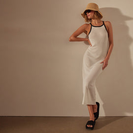 Stretch Linen Ribbed Dress in White/Black | James Perse Los Angeles
