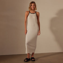 Stretch Linen Ribbed Dress in White/Black | James Perse Los Angeles