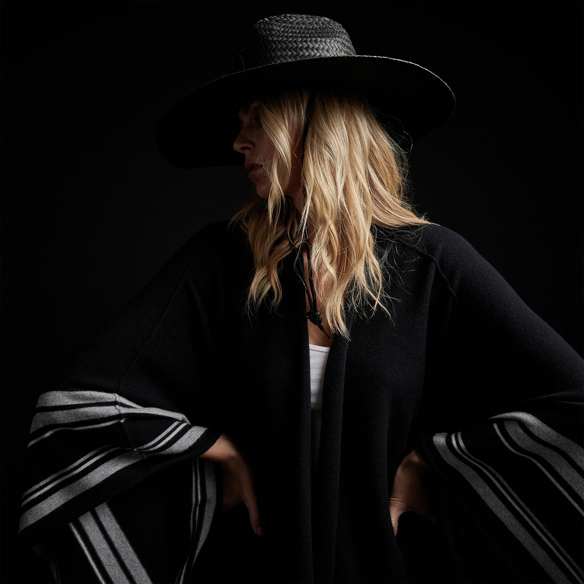 Recycled Cashmere Striped Poncho in Black | James Perse Los Angeles