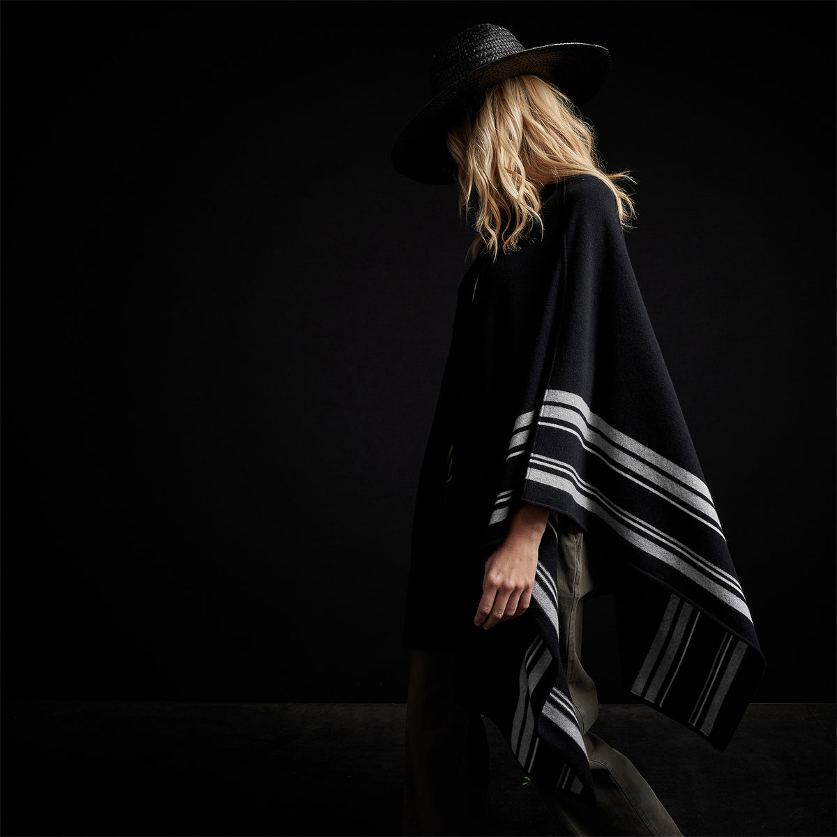 Recycled Cashmere Striped Poncho in Black | James Perse Los Angeles