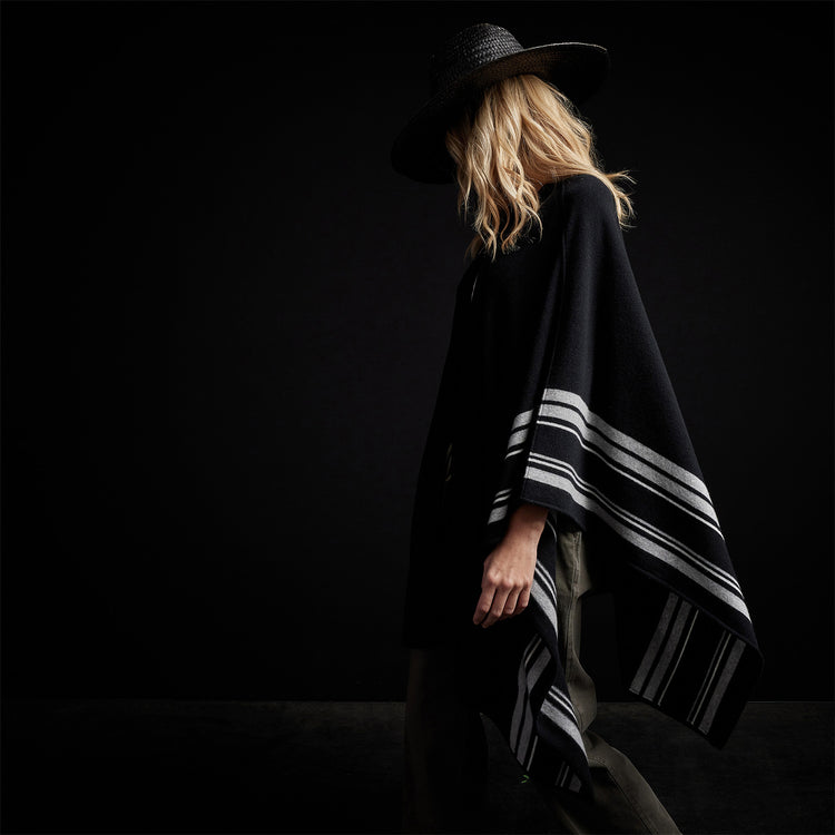 Recycled Cashmere Striped Poncho in Black | James Perse Los Angeles