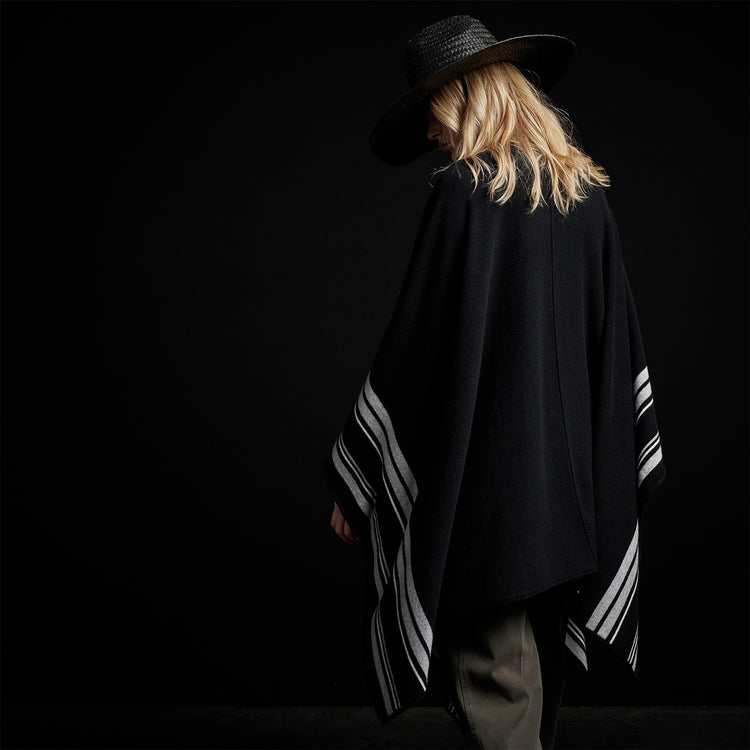 Recycled Cashmere Striped Poncho in Black | James Perse Los Angeles