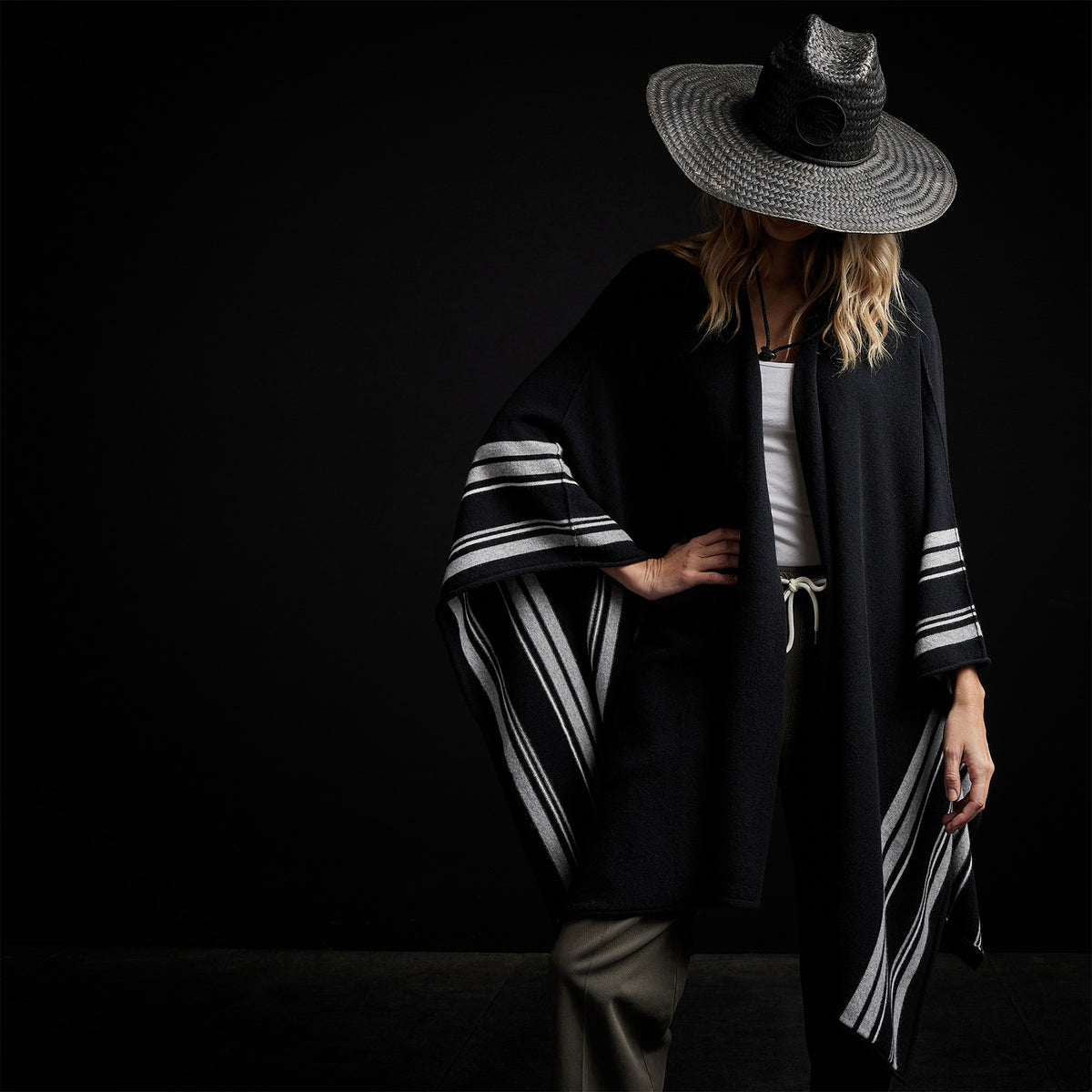 Recycled Cashmere Striped Poncho in Black | James Perse Los Angeles