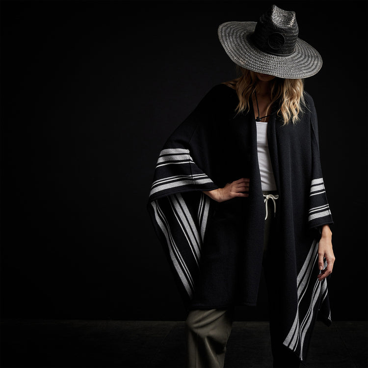 Recycled Cashmere Striped Poncho in Black | James Perse Los Angeles