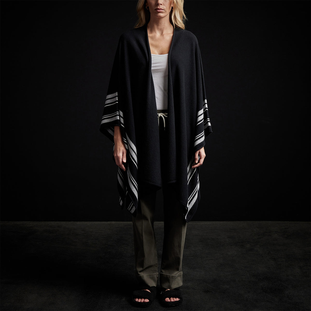 Recycled Cashmere Striped Poncho in Black | James Perse Los Angeles