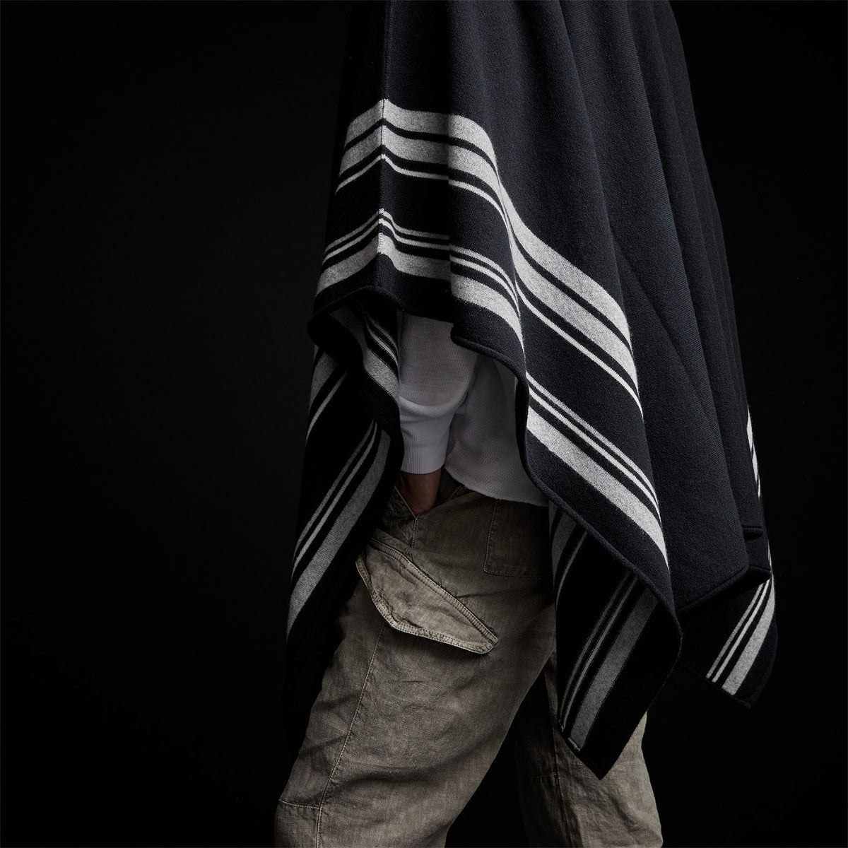 Recycled Cashmere Striped Poncho in Black | James Perse Los Angeles
