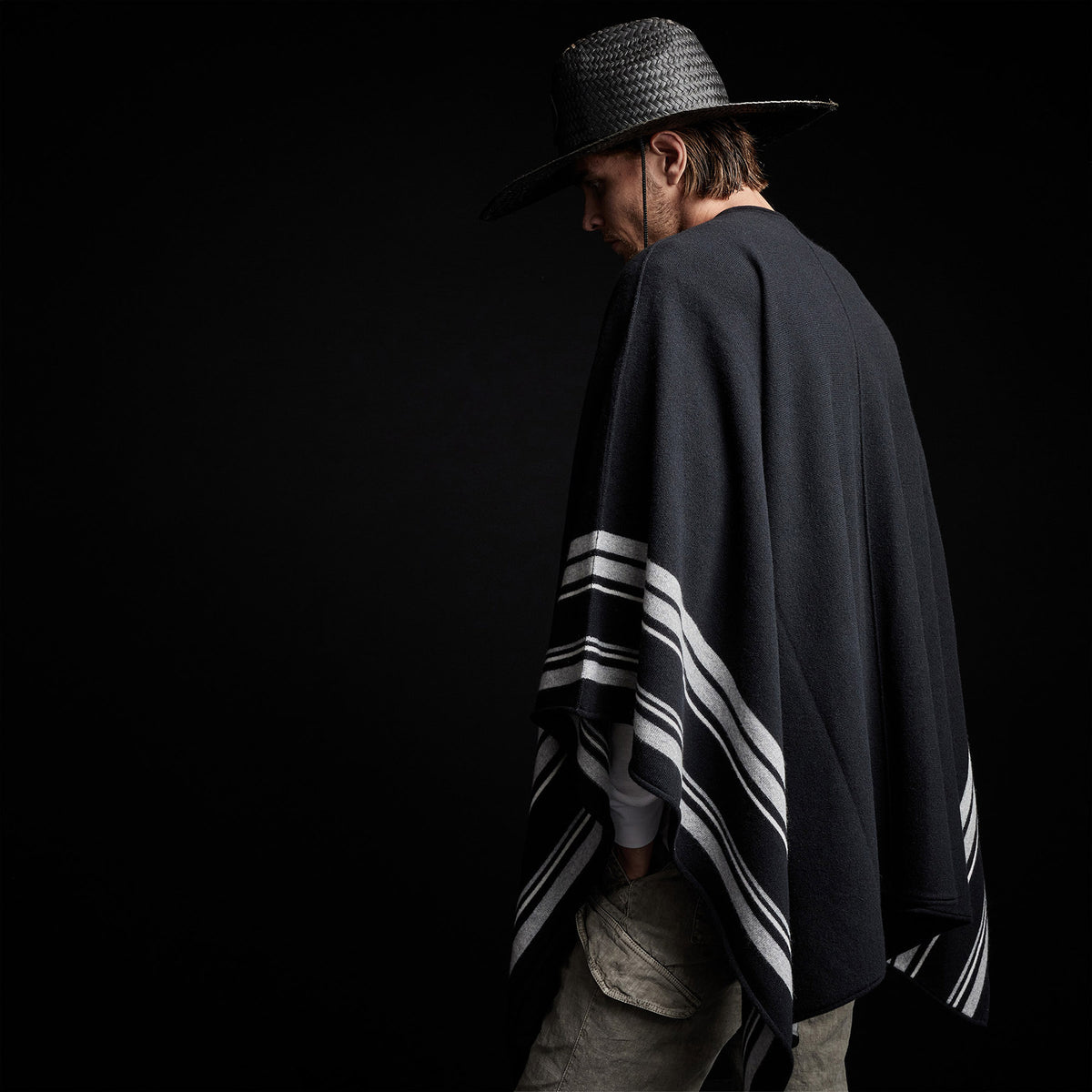 Recycled Cashmere Striped Poncho in Black | James Perse Los Angeles