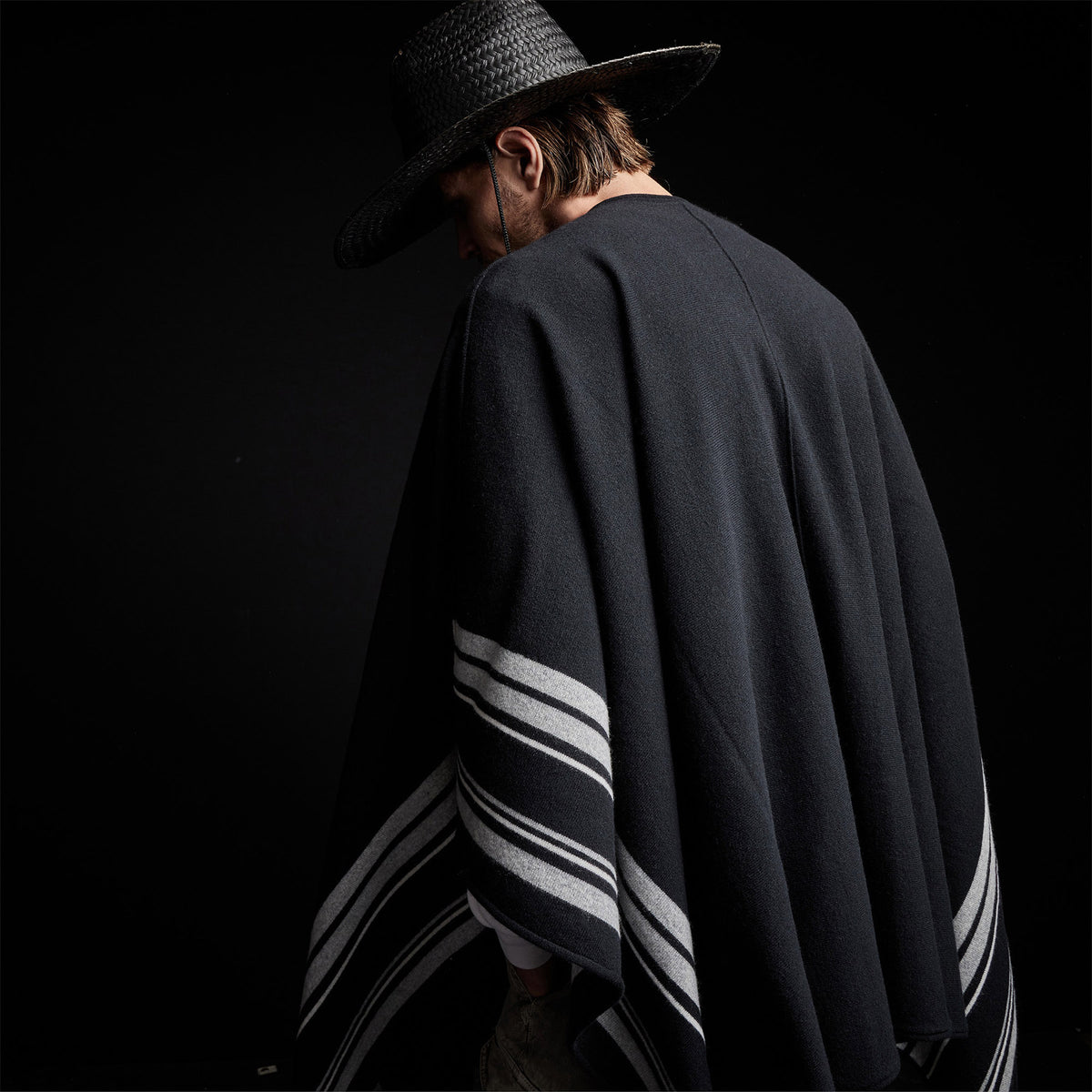 Recycled Cashmere Striped Poncho in Black | James Perse Los Angeles