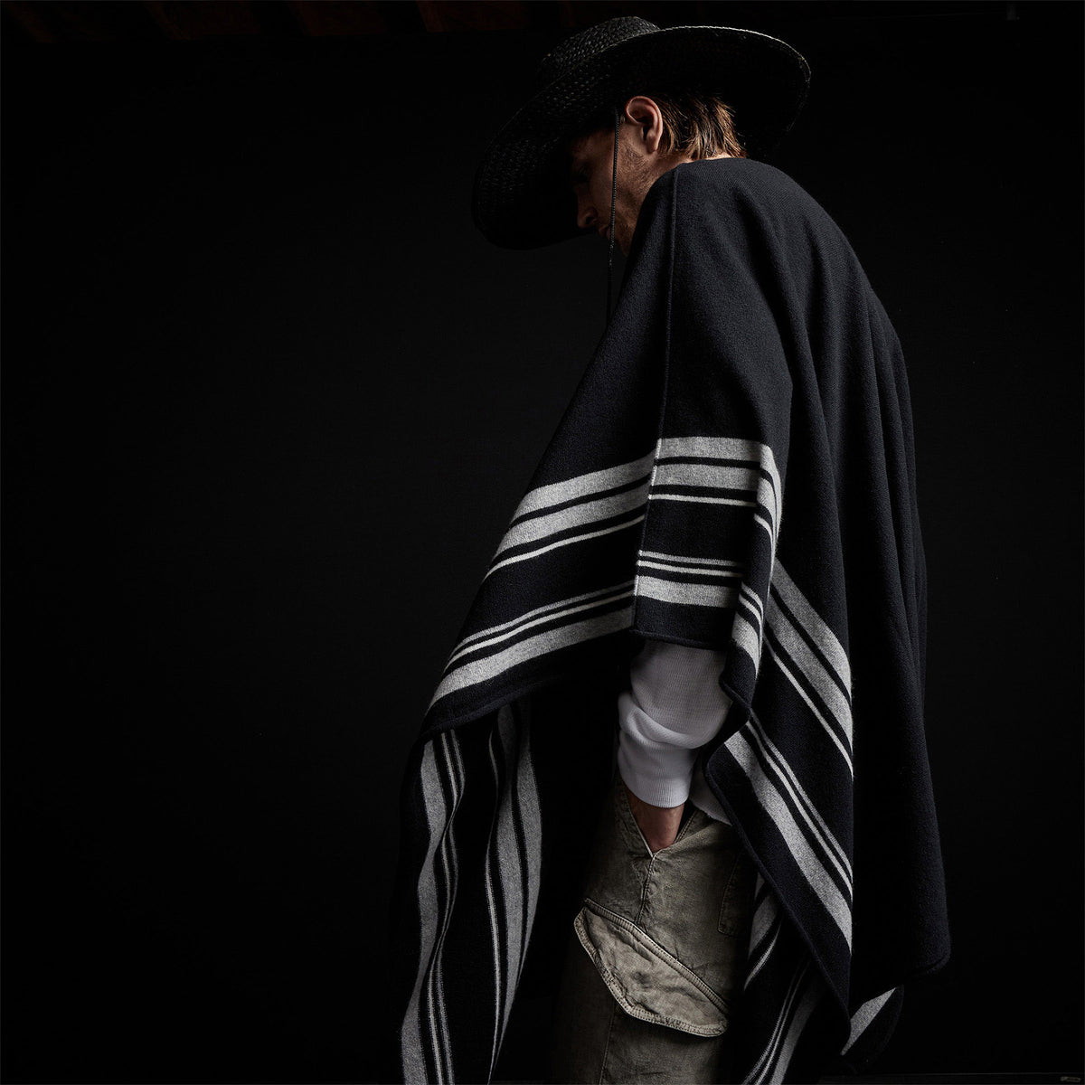 Recycled Cashmere Striped Poncho in Black | James Perse Los Angeles