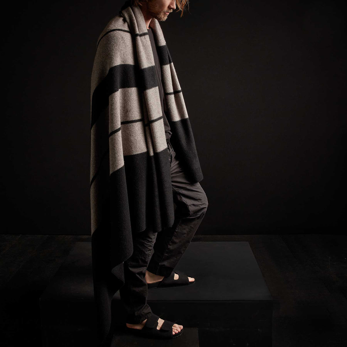 Double Stripe Repeat Blanket - Black/Taupe Melange | James Perse Los Angeles