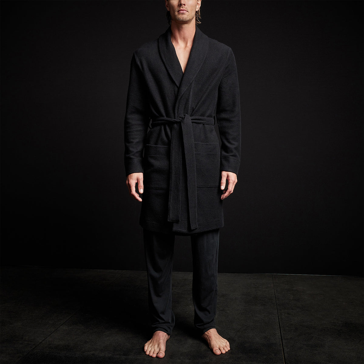 Brushed Thermal Knit Hooded Robe in Black | James Perse Los Angeles