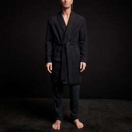 Brushed Thermal Knit Hooded Robe in Black | James Perse Los Angeles