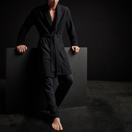 Brushed Thermal Knit Hooded Robe in Black | James Perse Los Angeles