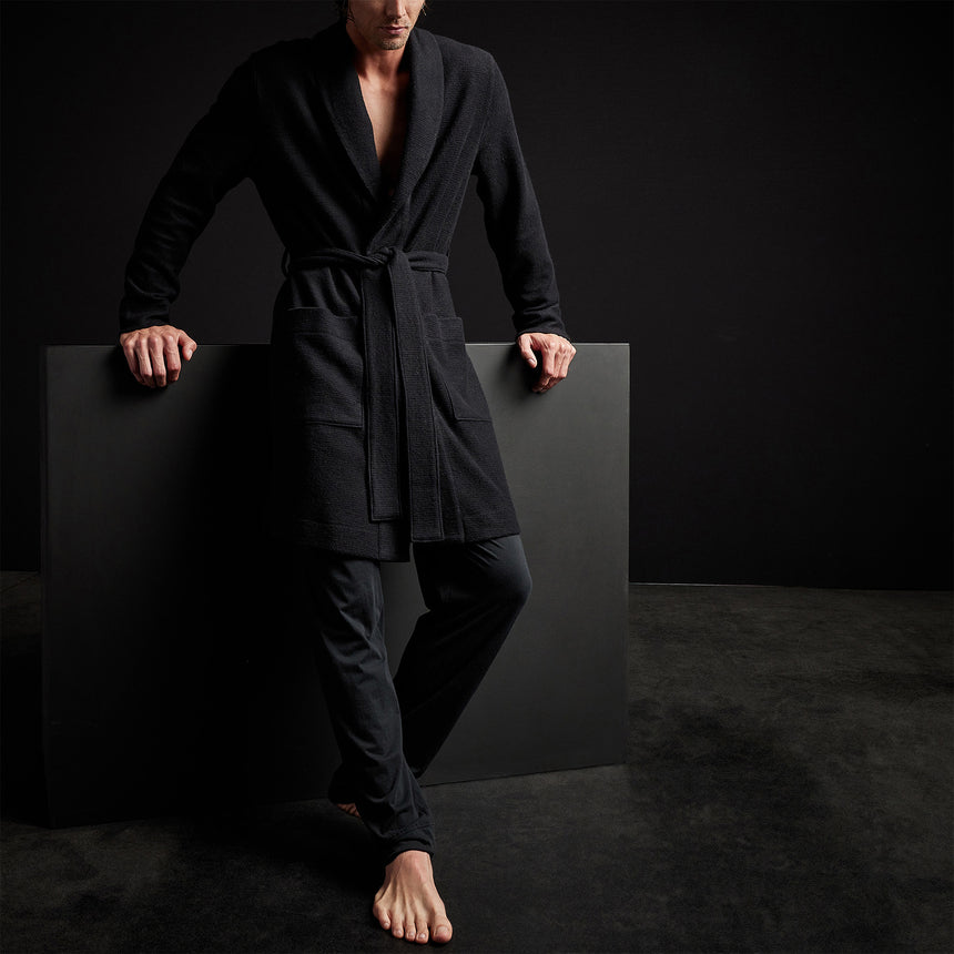 Brushed Thermal Knit Hooded Robe in Black | James Perse Los Angeles