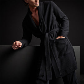 Brushed Thermal Knit Hooded Robe in Black | James Perse Los Angeles