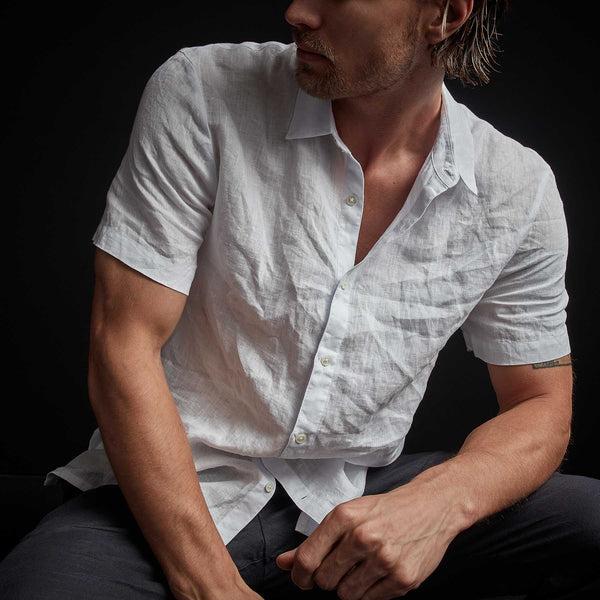 Garment Dyed Short Sleeve Linen Shirt - White | James Perse Los Angeles