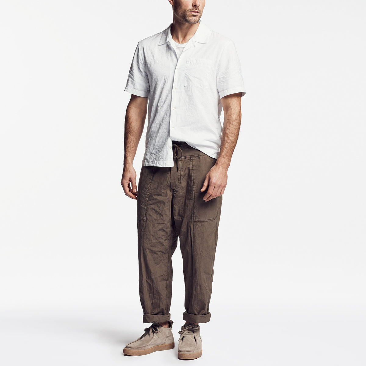 Voile Geometric Embroidered Shirt In White | James Perse Los Angeles