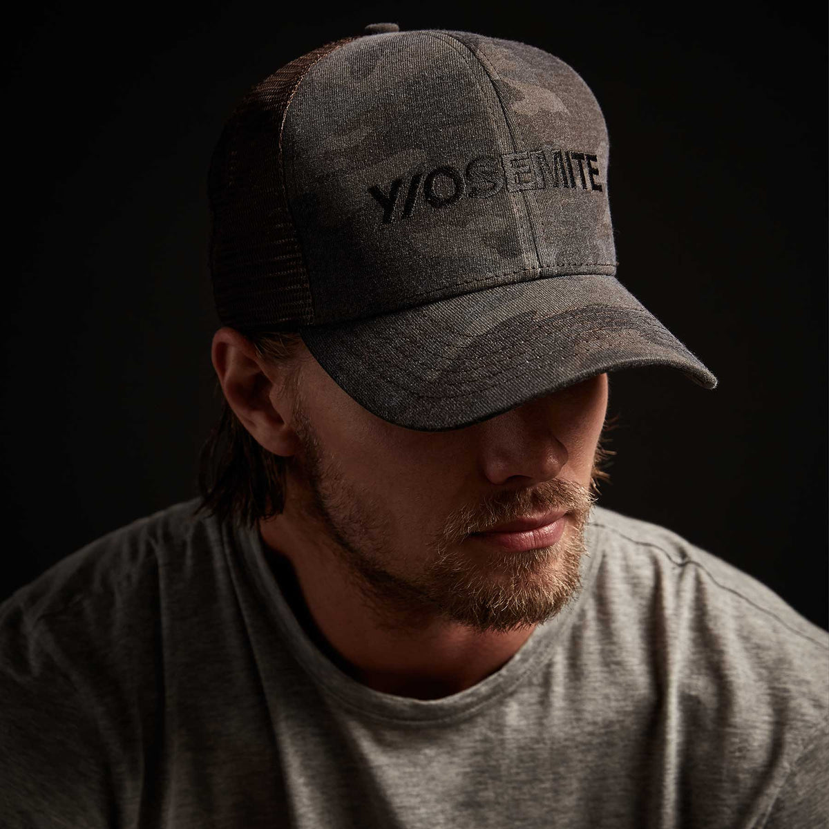 Y/OSEMITE Camo Trucker Hat In Forest Camo | James Perse Los Angeles