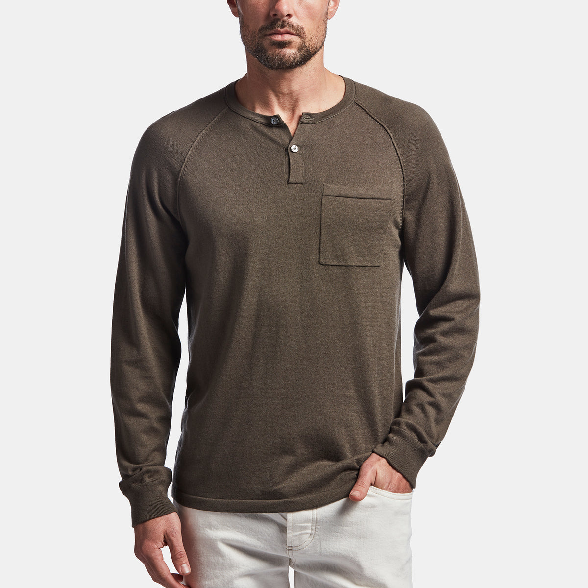 Cotton Cashmere Raglan Henley In Drab | James Perse Los Angeles