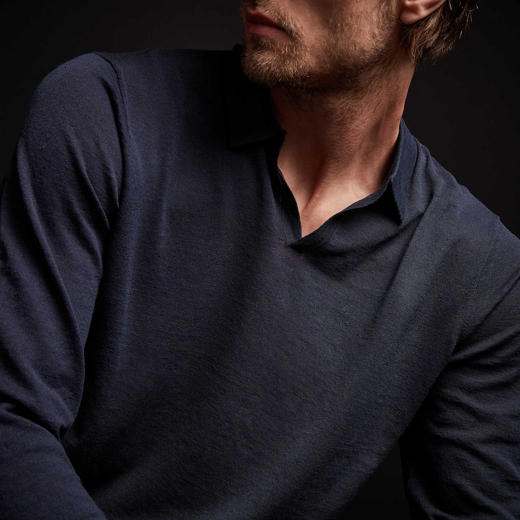 Linen Blend Long Sleeve Polo Sweater in Navy | James Perse Los Angeles