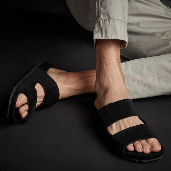 Men's Double Strap Suede Slide in Black | James Perse Los Angeles