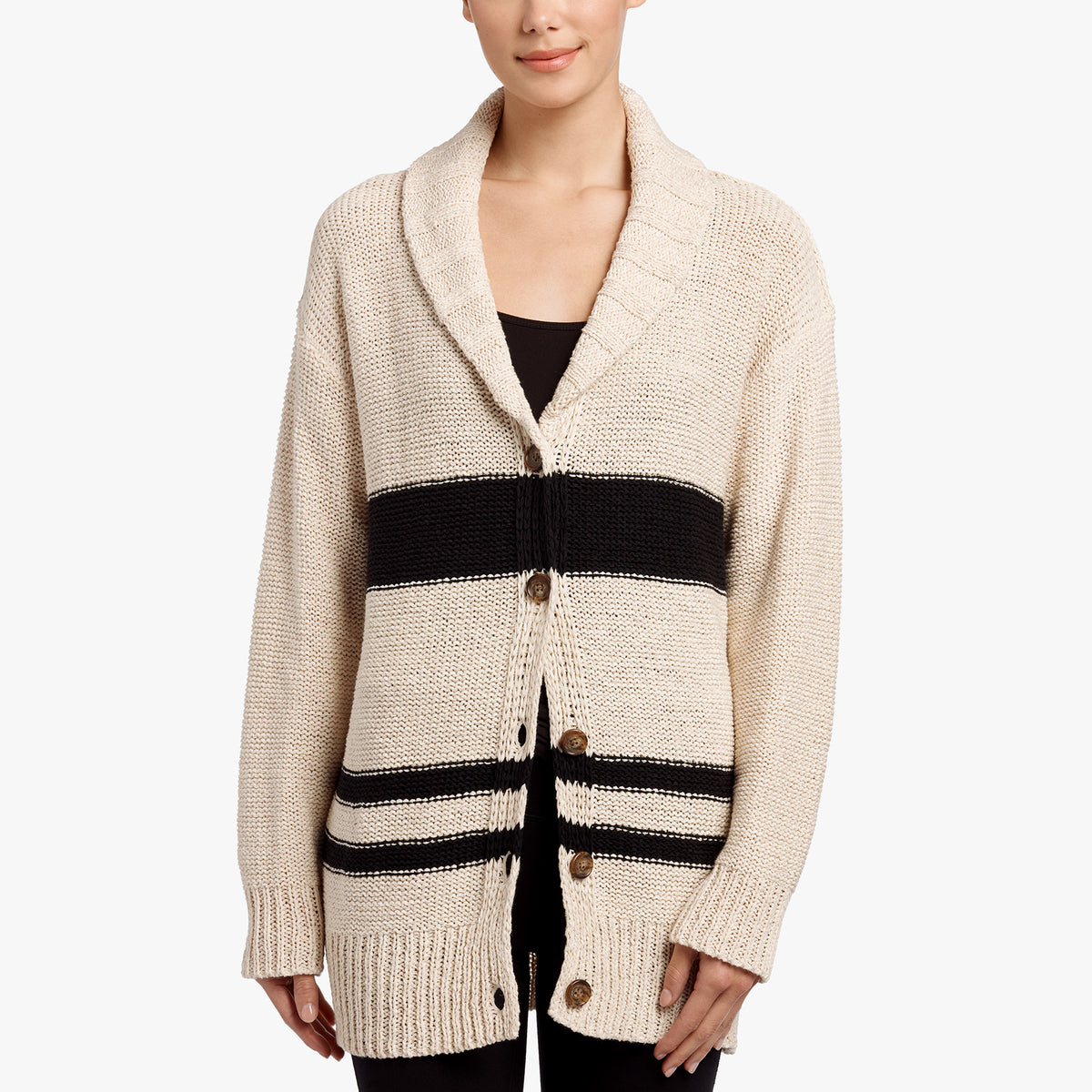 Striped Cotton Linen Beach Cardigan In Natural/Black | James Perse Los Angeles