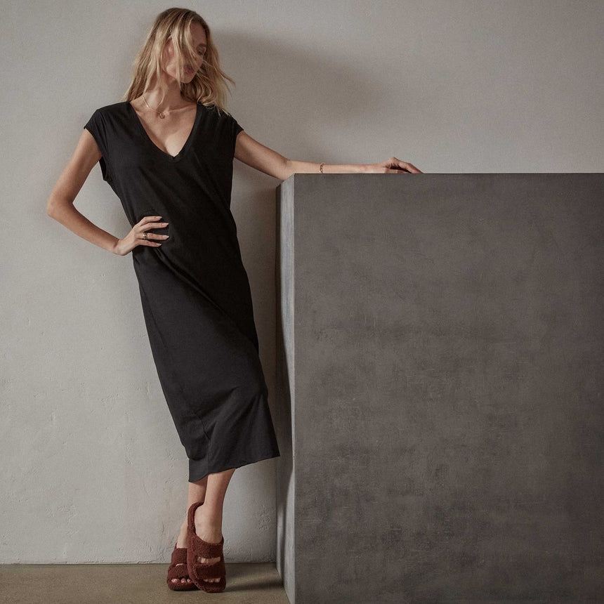 Deep V Double Layer Dress in Black | James Perse Los Angeles