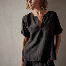 Open Front Linen Top in Black | James Perse Los Angeles