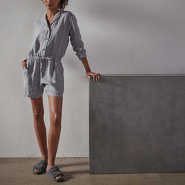 Long Sleeve Linen Shirt Romper - Breeze Pigment | James Perse Los Angeles