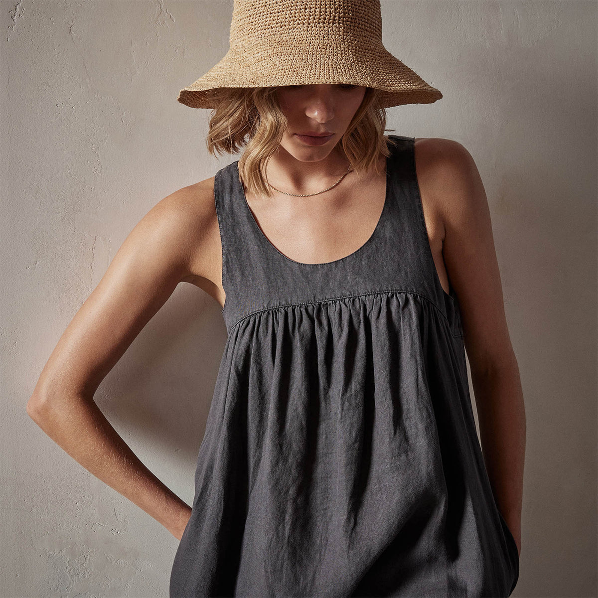 Gathered Linen Dress in Magma Pigment | James Perse Los Angeles