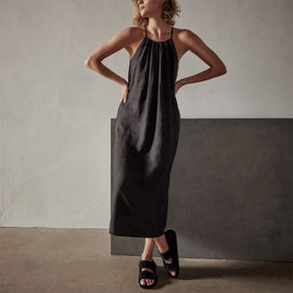 Garment Dye Gathered Dress in Black | James Perse Los Angeles