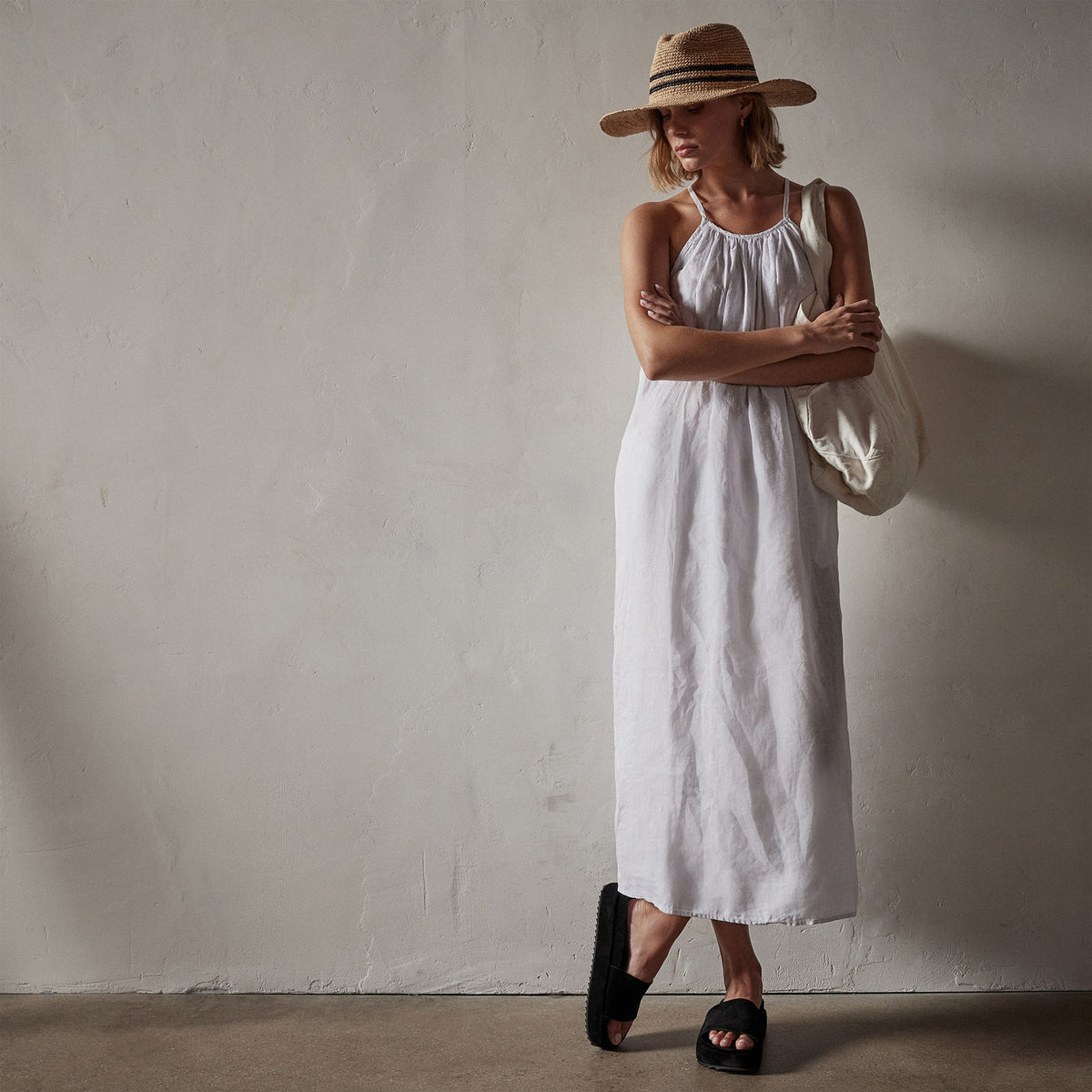 Garment Dye Gathered Dress in White | James Perse Los Angeles