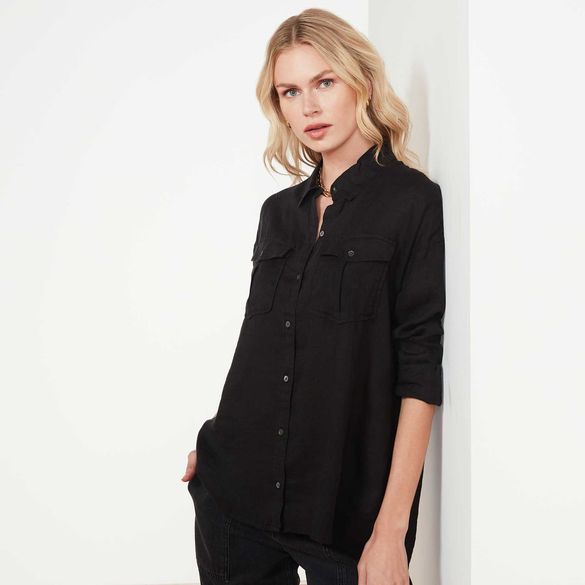 Casual Linen Shirt In Black | James Perse Los Angeles