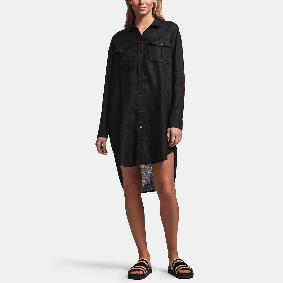 Linen Military Shirt Dress In Black | James Perse Los Angeles