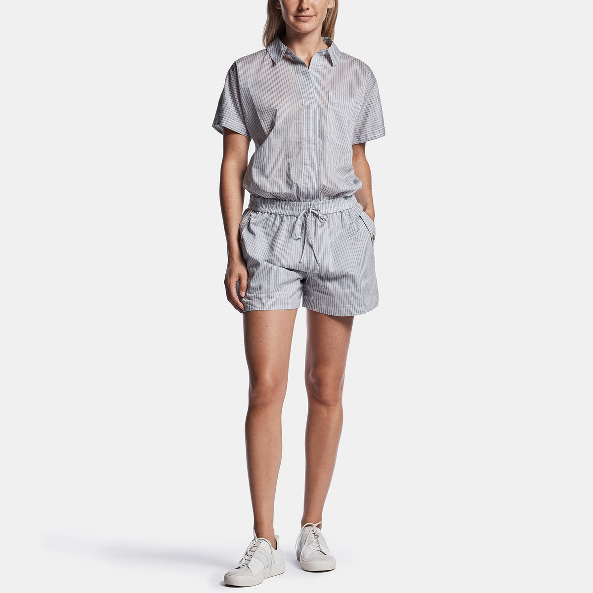 Striped Organza Romper In Black/White | James Perse Los Angeles