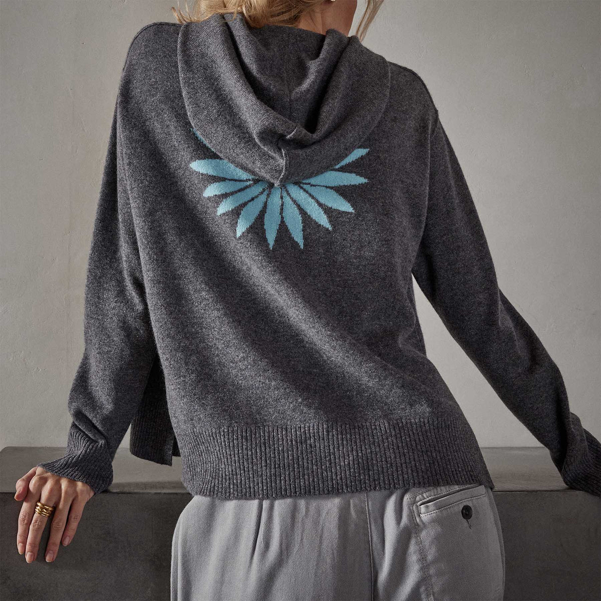 Recycled Cashmere Graphic Pullover Hoodie in Flannel/Aqua | James Perse Los Angeles 