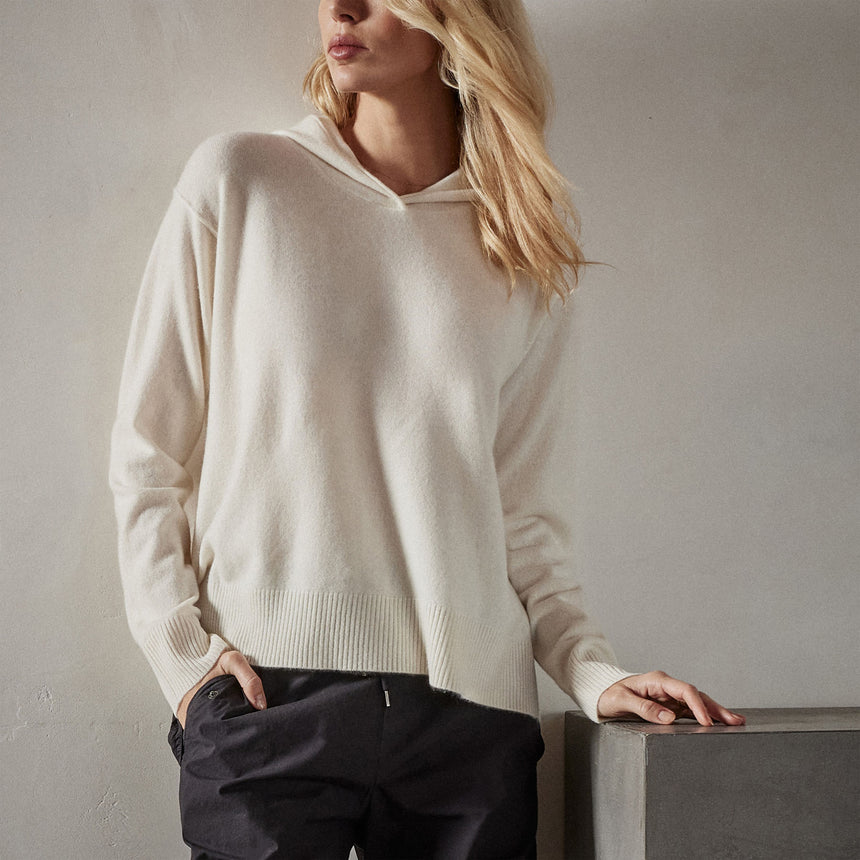 Recycled Cashmere Graphic Pullover Hoodie in Ivory/Black | James Perse Los Angeles 