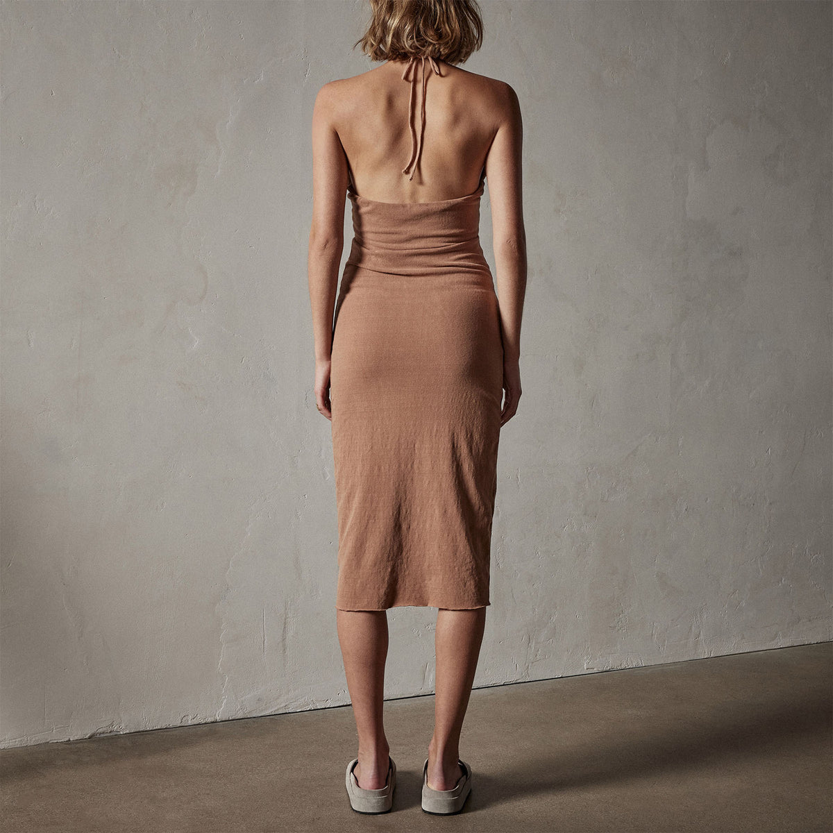 Recycled Brushed Jersey Halter Dress in Nutmeg Pigment | James Perse Los Angeles