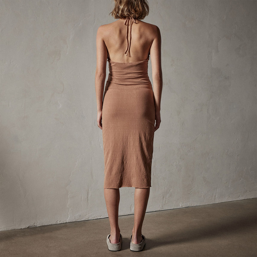 Recycled Brushed Jersey Halter Dress in Nutmeg Pigment | James Perse Los Angeles