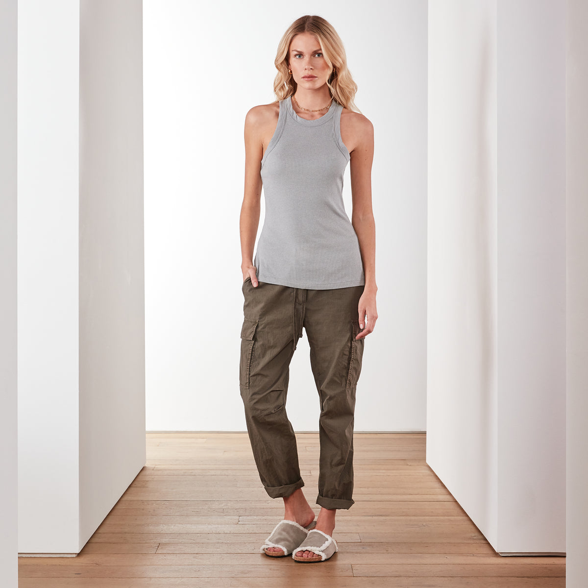 Technical Jersey Ribbed Cut Away Tank In Platinum | James Perse Los Angeles