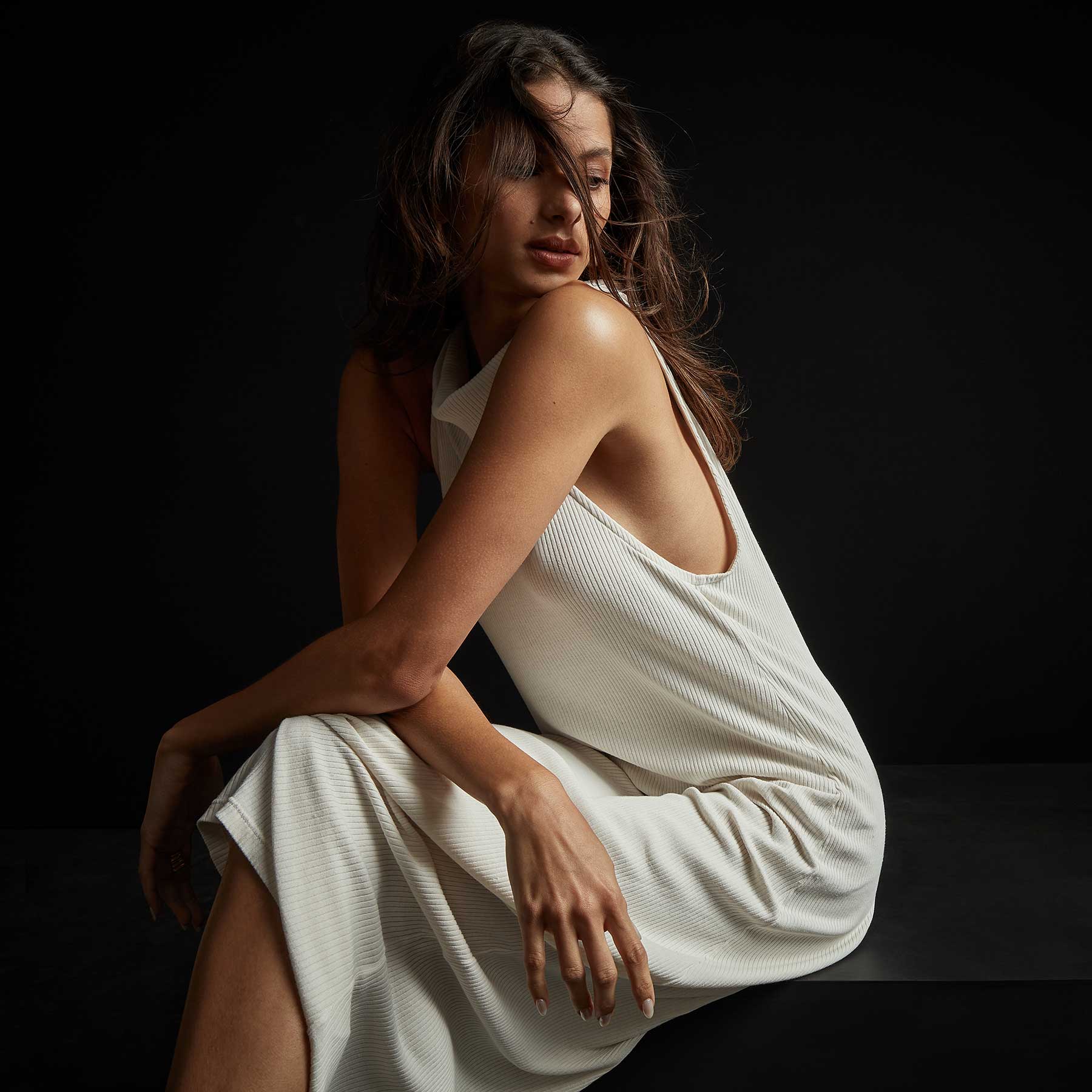 Cut Away Funnel Neck Ribbed Dress in Oyster | James Perse Los Angeles