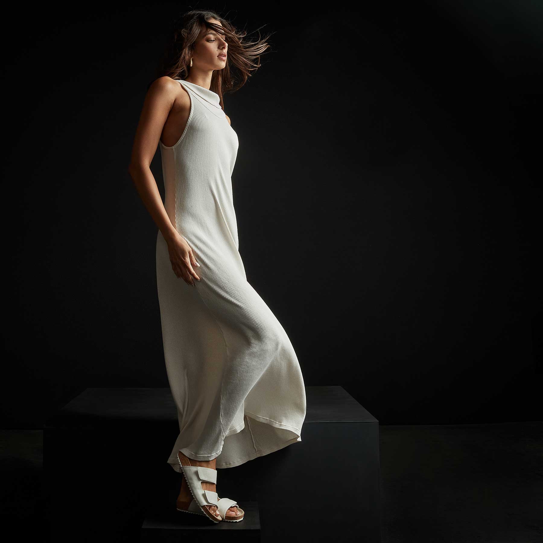 Cut Away Funnel Neck Ribbed Dress in Oyster | James Perse Los Angeles