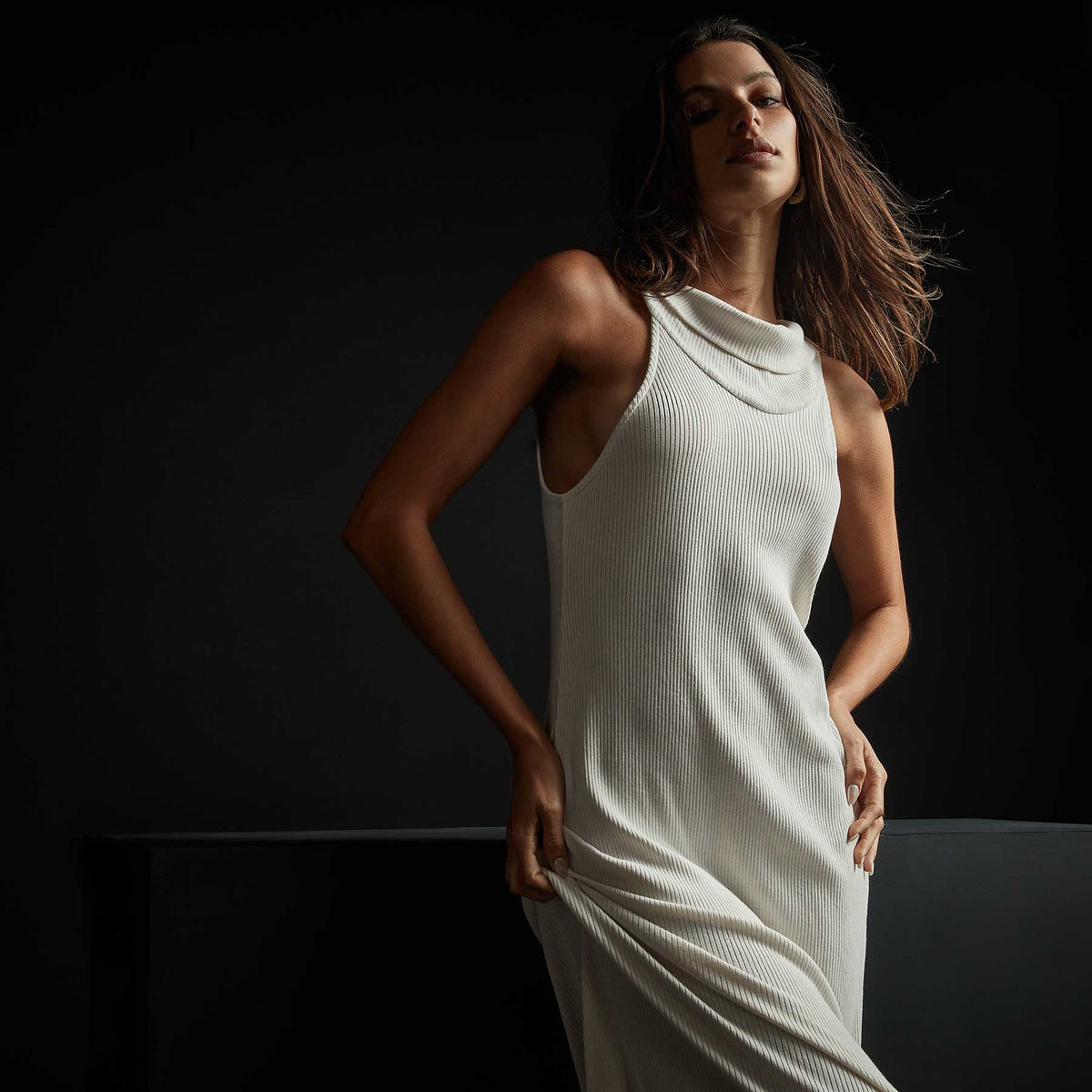 Cut Away Funnel Neck Ribbed Dress in Oyster | James Perse Los Angeles