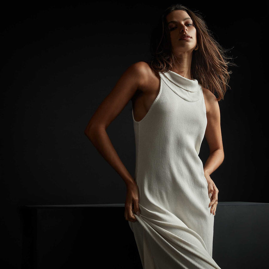 Cut Away Funnel Neck Ribbed Dress in Oyster | James Perse Los Angeles