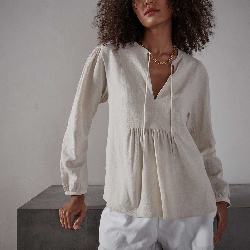 Curved Hem Peasant Blouse - Natural | James Perse Los Angeles
