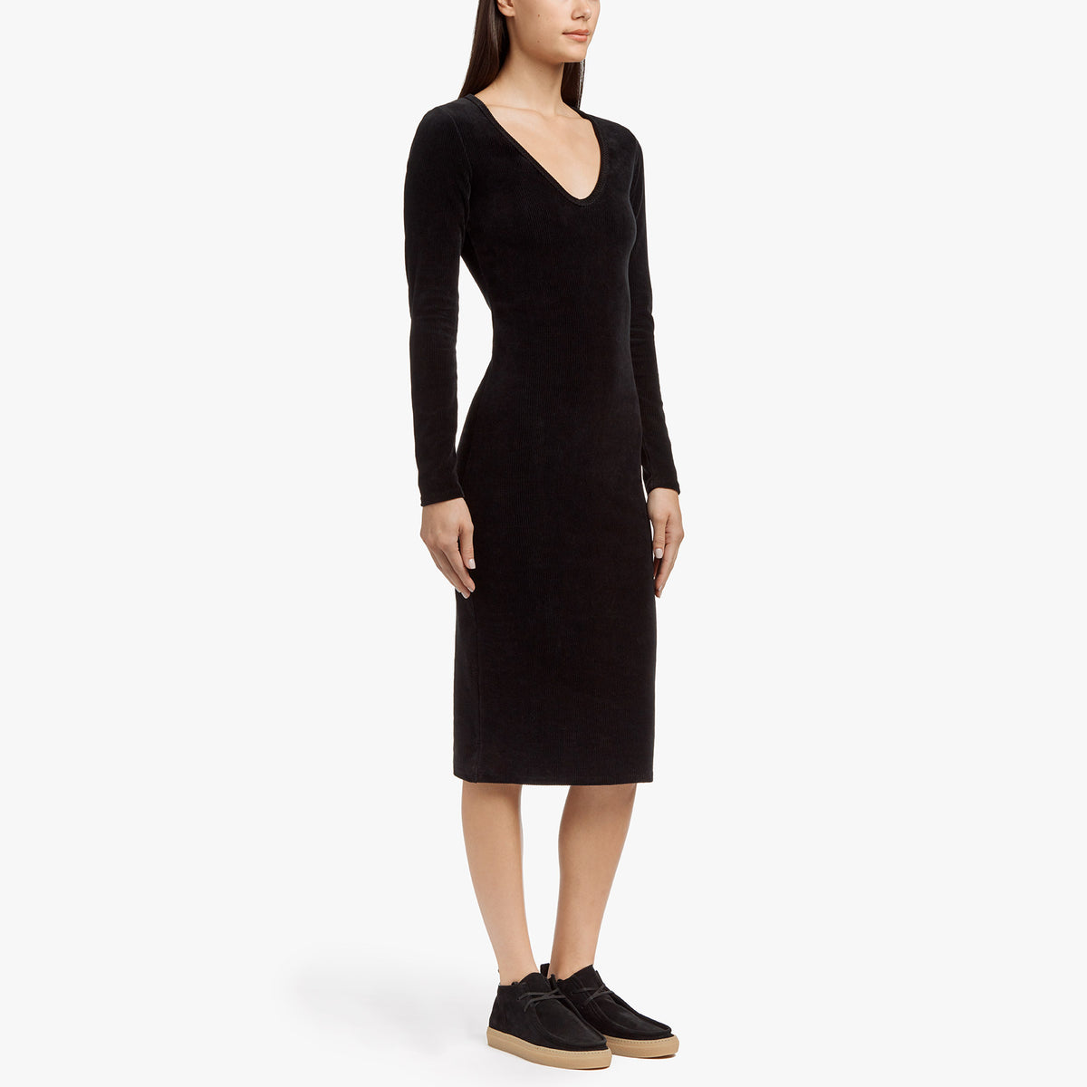 Knit Corduroy Long Sleeve Dress - Black | James Perse Los Angeles